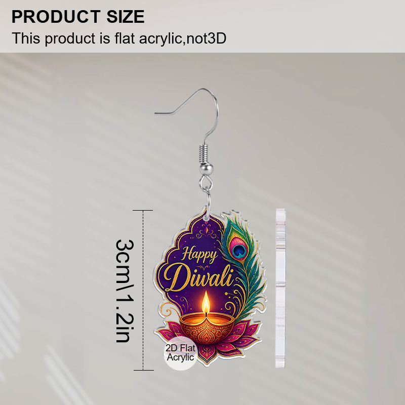 Indian Peacock Feather Diya & Lotus Acrylic Dangle Earrings
